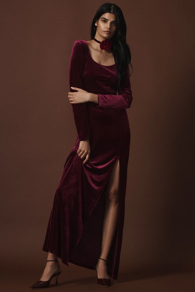 BHLDN Bella Long-Sleeve Scoop-Neck Side-Slit Stretch Velvet Maxi Dress