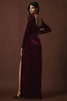 BHLDN Bella Long-Sleeve Scoop-Neck Side-Slit Stretch Velvet Maxi Dress