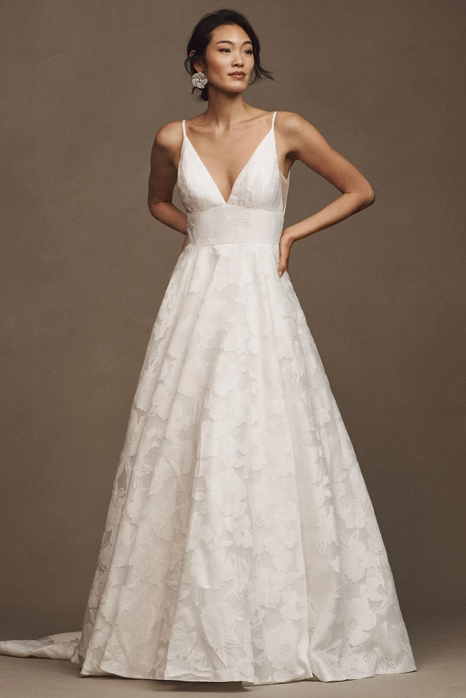 Jenny by Yoo Hawkins V-Neck A-Line Printed Organza Wedding Gown