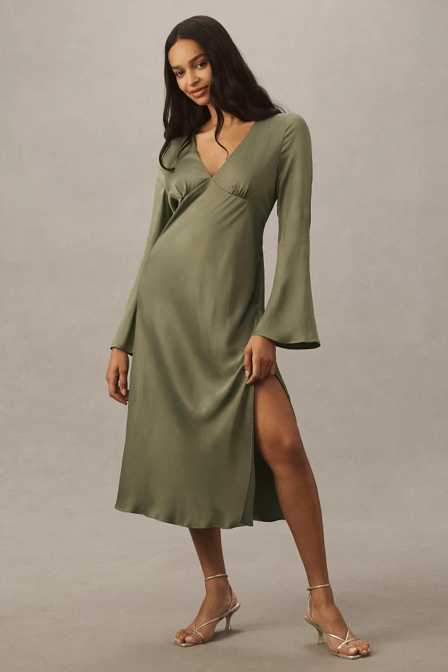 BHLDN Avani V-Neck Long-Sleeve Satin Midi Dress at MarketFair Shoppes in Princeton, NJ BHLDN Avani V-Neck Long-Sleeve Satin Midi Dress at MarketFair Shoppes in Princeton, NJ