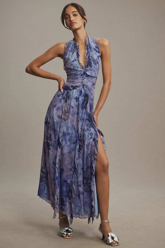 bhldn juliette sleeveless v-neck chiffon ruffle maxi dress BHLDN Juliette Sleeveless V-Neck Chiffon Ruffle Maxi Dress