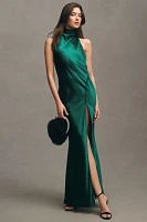 Sau Lee Penelope High-Neck Backless Satin Gown