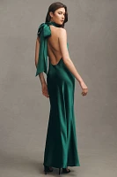 Sau Lee Penelope High-Neck Backless Satin Gown