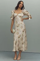 Selkie Poet Puff-Sleeve Sweetheart Silk Charmeuse Slip Midi Dress