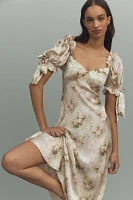 Selkie Poet Puff-Sleeve Sweetheart Silk Charmeuse Slip Midi Dress