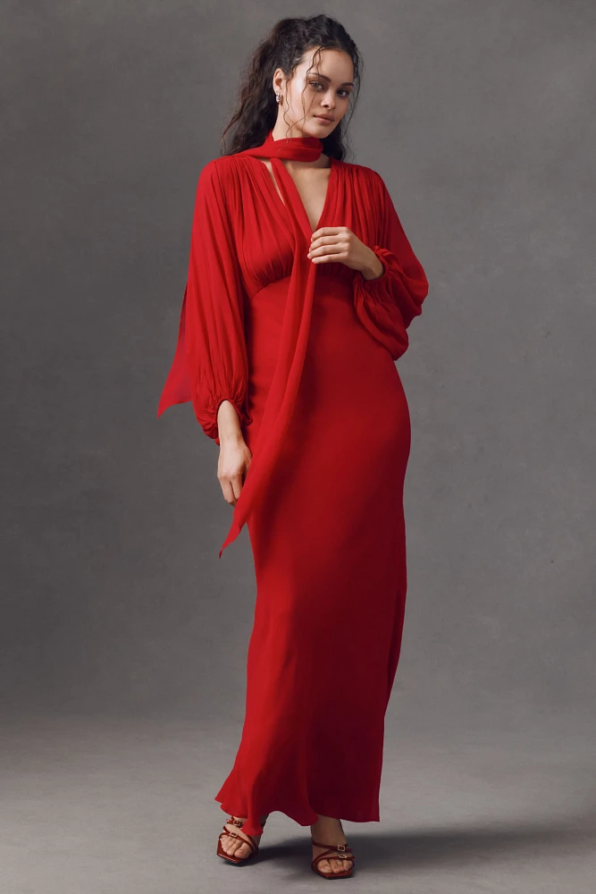 Shona Joy Amina Plunge-Neck Balloon-Sleeve Maxi Dress