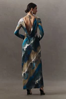 Shona Joy Jardin Boat-Neck Backless Split Silk Maxi Dress