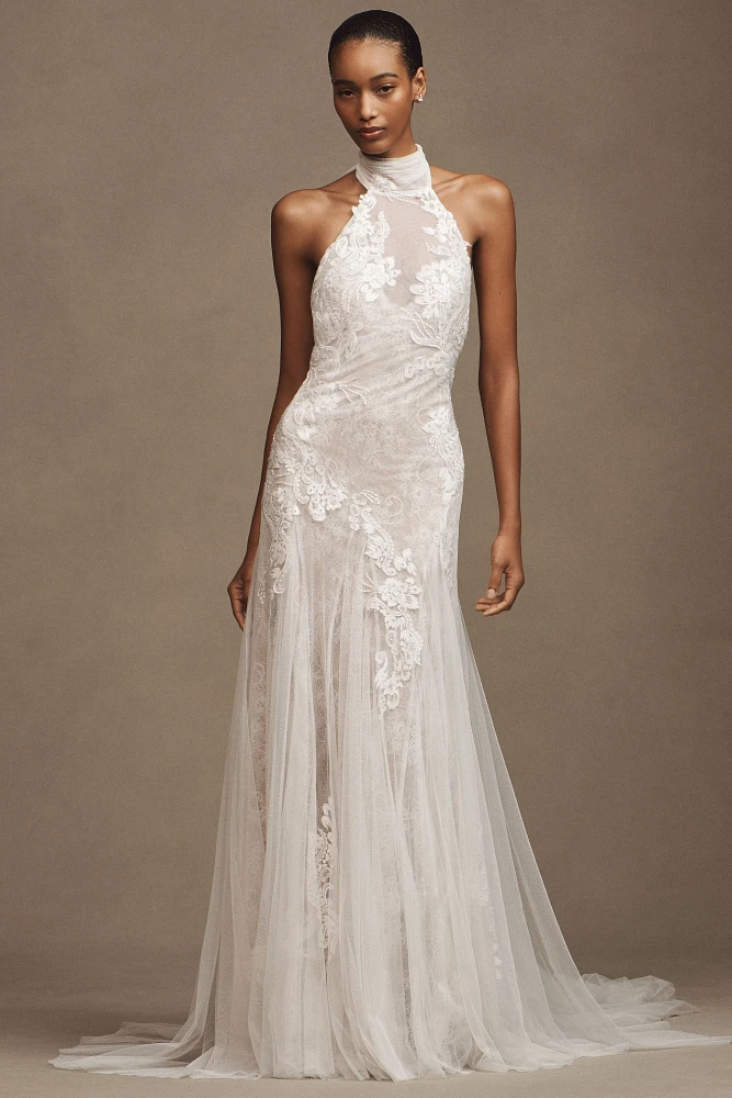 Watters Zoe Halter Fit & Flare Beaded Lace Wedding Gown