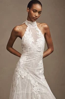 Watters Zoe Halter Fit & Flare Beaded Lace Wedding Gown