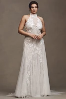 Watters Zoe Halter Fit & Flare Beaded Lace Wedding Gown