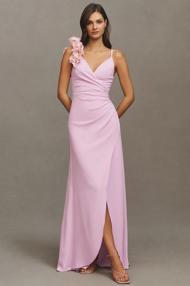 Dress The Population Camelia Ruffle-Shoulder V-Neck Stretch Crepe Maxi