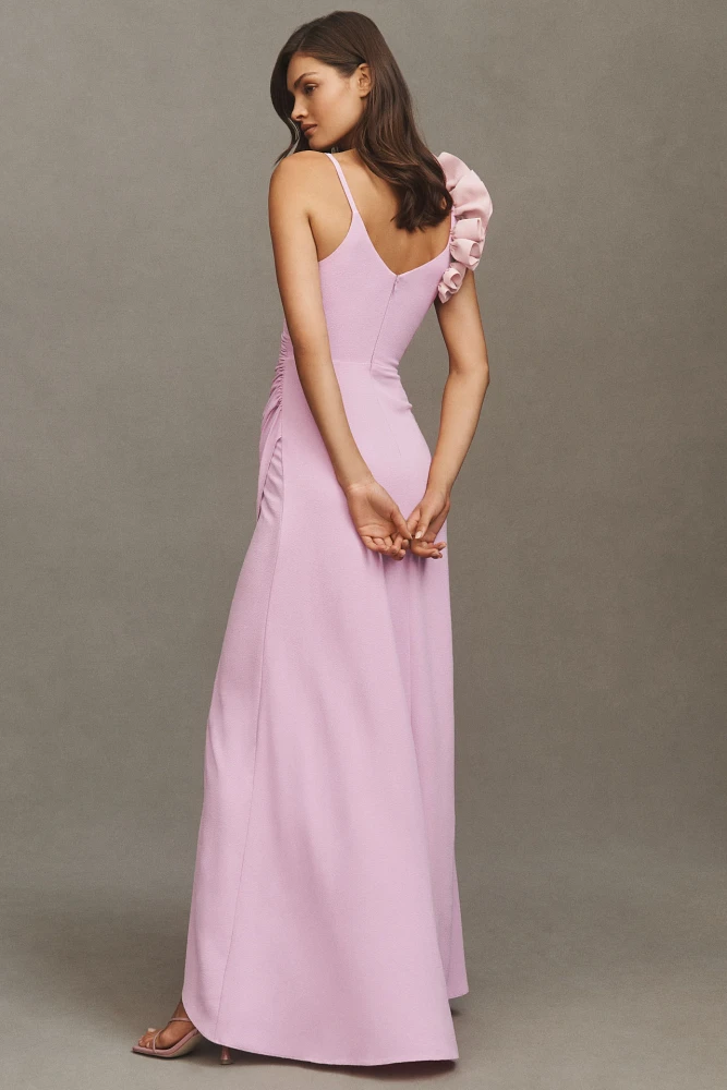 Dress The Population Camelia Ruffle-Shoulder V-Neck Stretch Crepe Maxi