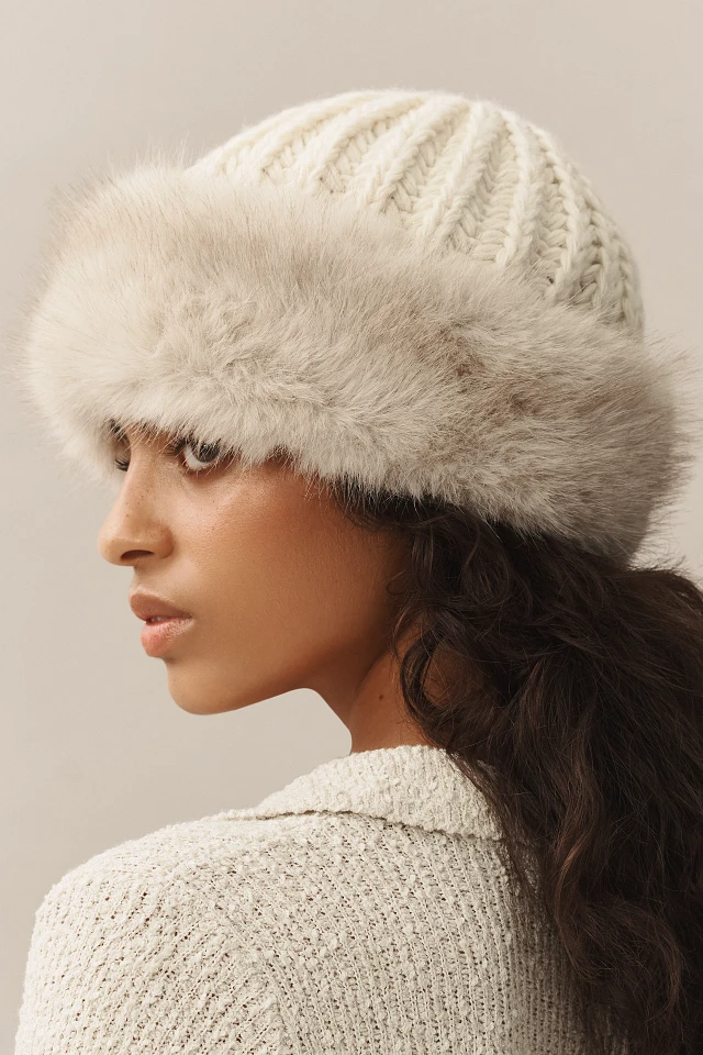 Anthropologie Cozy Creme Knit Hat with Faux Fur Trim By Anthropologie Knitted Faux-Fur Cuff Beanie | Anthropologie main image 3