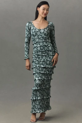 V. Chapman Lanie Long-Sleeve Scoop-Neck Ruched Ruffled Satin Maxi Dress