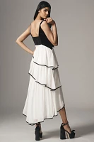 BHLDN Velvet Belted Bow Ruffle Midi Dress