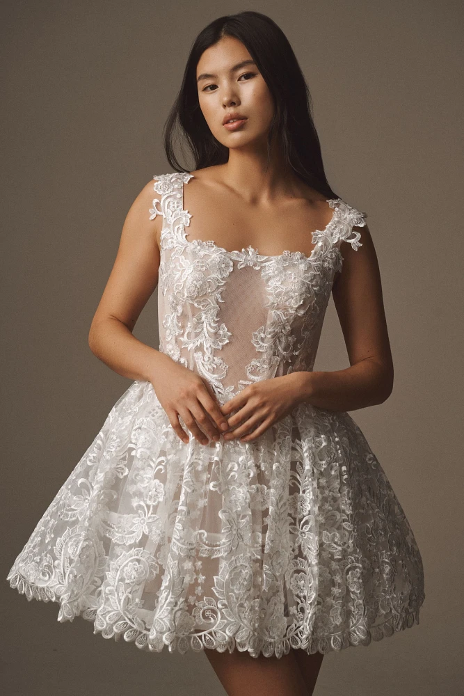 BHLDN Lace Square-Neck A-Line Hoop-Skirt Mini Dress