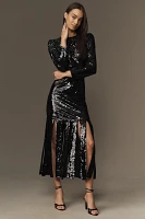 Mac Duggal Long-Sleeve High-Neck Paneled-Hem Sequin Midi Dress