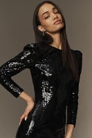 Mac Duggal Long-Sleeve High-Neck Paneled-Hem Sequin Midi Dress