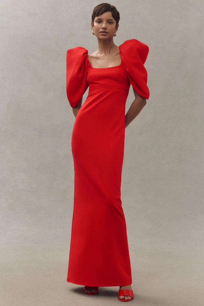 Mac Duggal Puff-Sleeve Scoop-Neck Column Crepe Maxi Dress