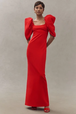 Mac Duggal Puff-Sleeve Scoop-Neck Column Crepe Maxi Dress