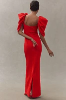 Mac Duggal Puff-Sleeve Scoop-Neck Column Crepe Maxi Dress