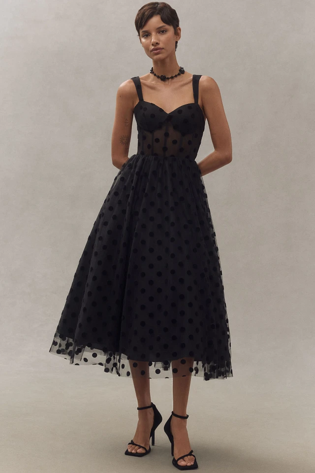 Mac Duggal Polka Dot Tulle Sweetheart Bustier A-Line Midi Dress | Hawthorn  Mall