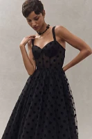 Mac Duggal Polka Dot Tulle Sweetheart Bustier A-Line Midi Dress