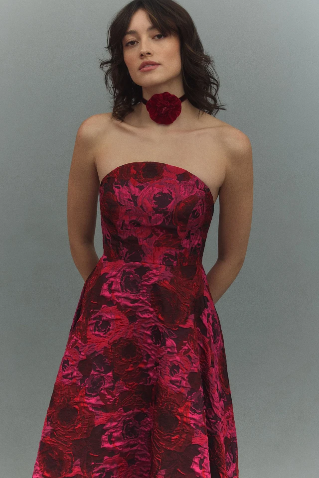 Mac Duggal Strapless Brocade High-Low A-Line Maxi Dress at MarketFair  Shoppes in Princeton, NJ