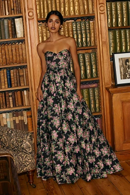 Mac Duggal Strapless Sweetheart Brocade Floral A-Line Maxi Dress