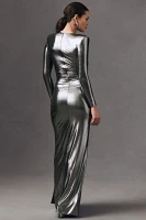 Retrofete Fenella Long-Sleeve Front-Slit Twist Metallic Maxi Dress