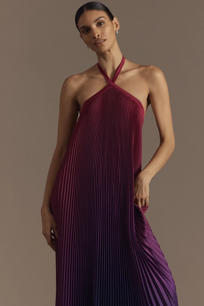 L'IDÉE Déesse Halter Pleated Maxi Dress