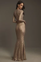 Norma Kamali Long-Sleeve V-Neck Shirred-Front Sequin Fishtail Maxi Dress