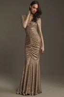 Norma Kamali Long-Sleeve V-Neck Shirred-Front Sequin Fishtail Maxi Dress