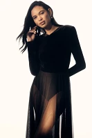 Norma Kamali Long-Sleeve Open-Back Velvet Sheer Skirt Midi Dress