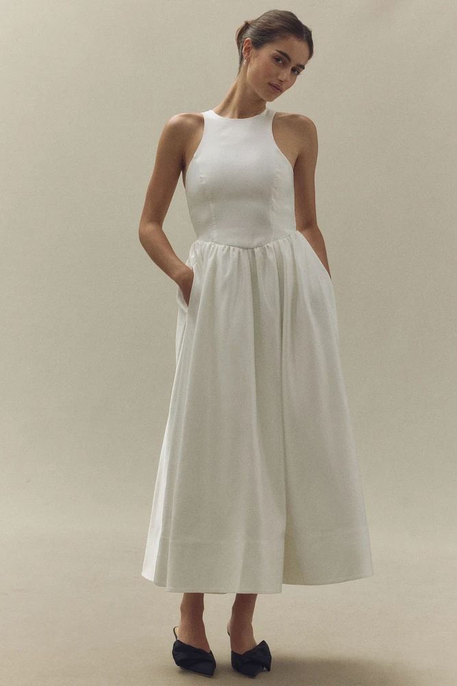 BHLDN High-Neck Satin Duchess A-Line Midi Dress