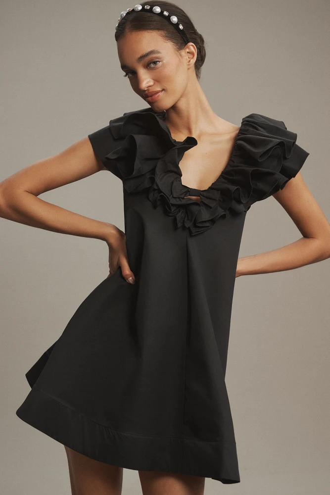 BHLDN Fallon Flutter-Sleeve Ruffled V-Neck Mini Dress