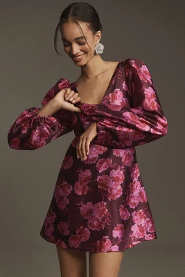 BHLDN Aliana Long-Sleeve V-Neck Floral Organza Mini Dress