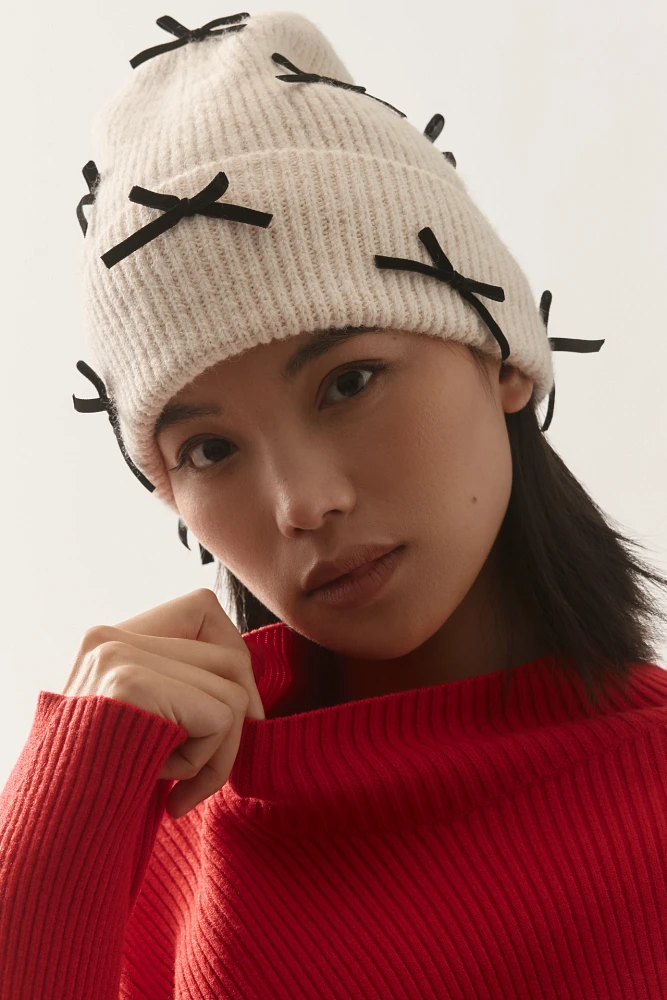 By Anthropologie Velvet Bow Beanie