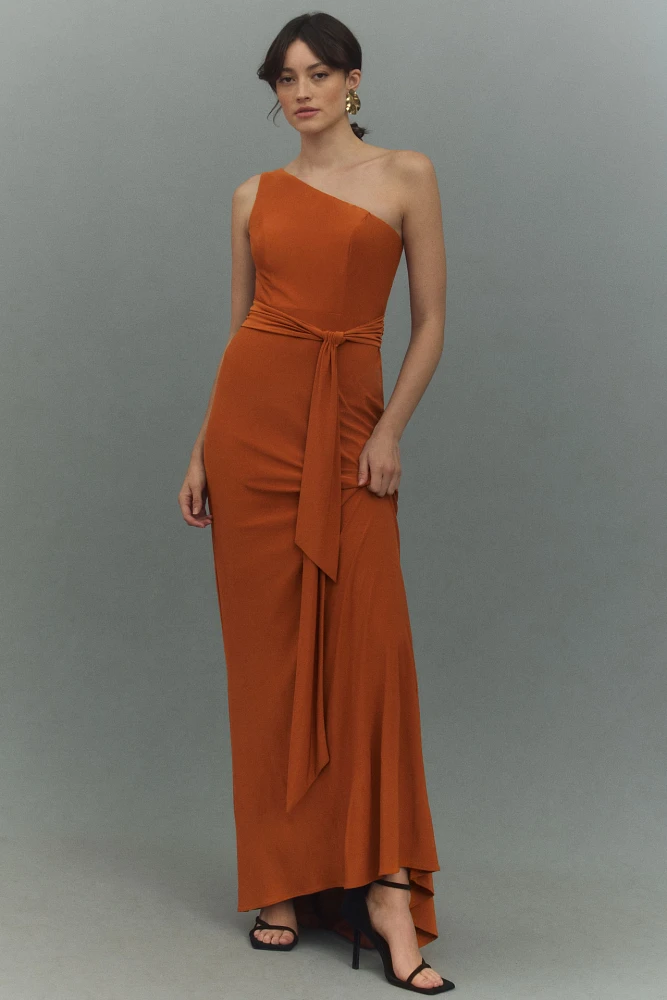 Mac Duggal One-Shoulder Belted Jersey Trumpet Maxi Dress