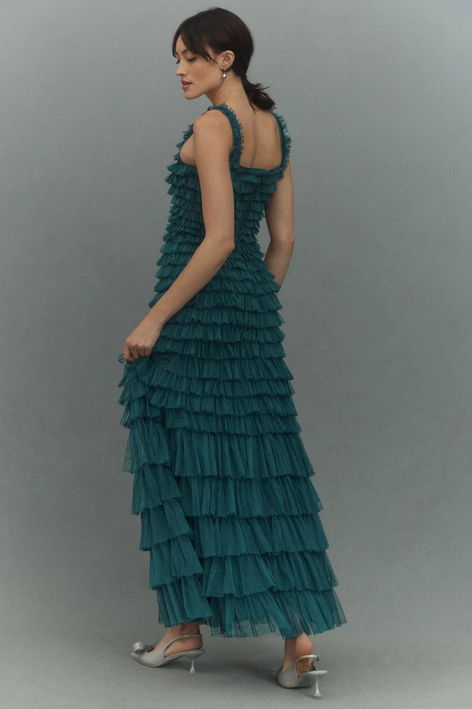 Mac Duggal Square-Neck Ruffled Tiered Tulle Tea-Length Dress