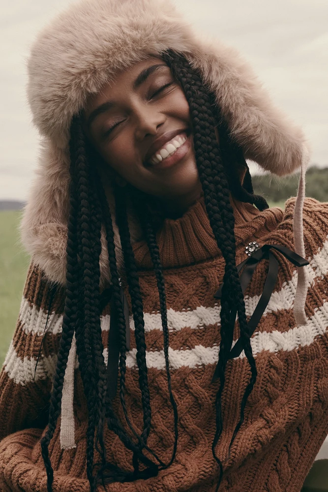 Cable-Knit Faux-Fur Trapper Hat