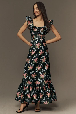 Louise New York Camille Ruffled Floral Brocade Maxi Dress