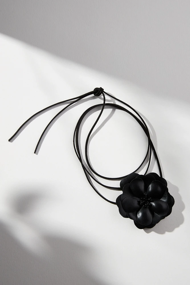 Faux-Leather Flower Wrap Necklace