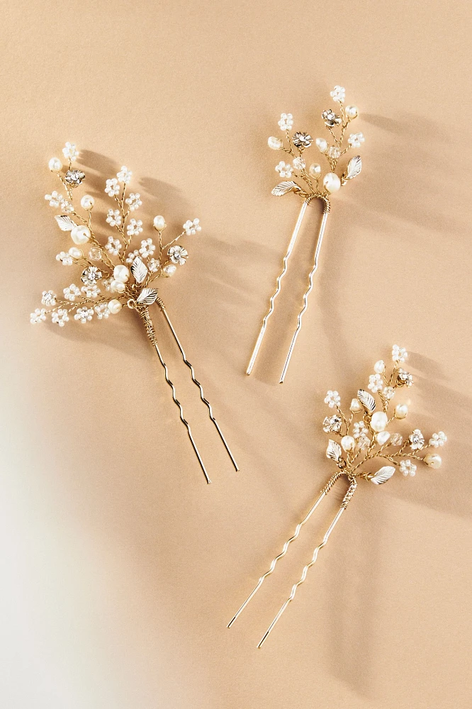 Twigs & Honey Dainty Beaded Fern Leaf Hair Pins, Set of 3