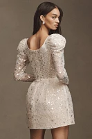 Watters Sparkler Puff-Sleeve Scoop-Neck Sequin Embroidered Mini Dress