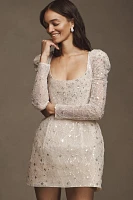 Watters Sparkler Puff-Sleeve Scoop-Neck Sequin Embroidered Mini Dress