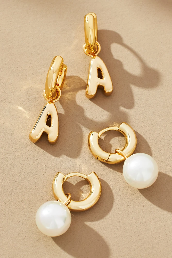 Bubble Letter Monogram and Pearl Earrings, Set of 2