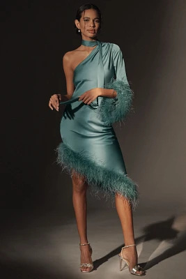 Hutch Asymmetrical One-Shoulder Faux-Feather Scarf Midi Dress