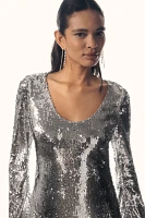 Hutch Long-Sleeve Scoop-Neck Sequin Midi Dress