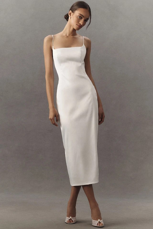 BHLDN Square-Neck Back-Slit Slim Satin Midi Dress at MarketFair Shoppes in Princeton, NJ BHLDN Square-Neck Back-Slit Slim Satin Midi Dress at MarketFair Shoppes in Princeton, NJ